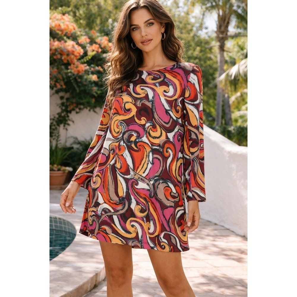 Maeve Anthropologie Abstract Retro Swirl Long Sleeve Mini Shift Dress Size XS